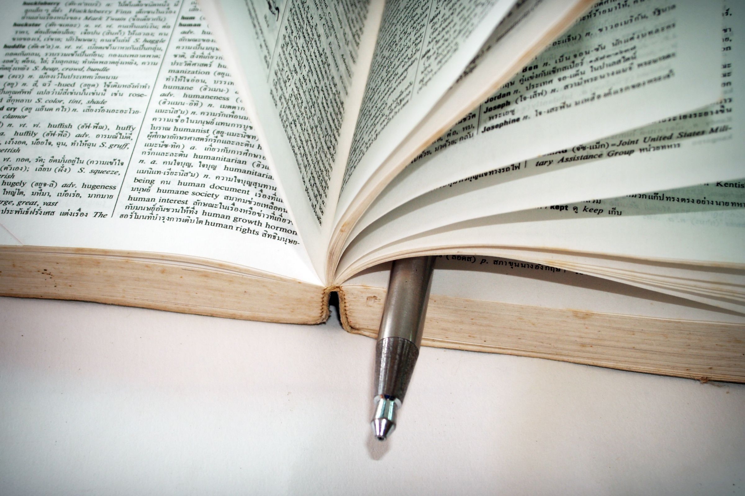 Dictionar deschis cu un stilou asezat intre pagini, simbol al traducerii intre limbi.